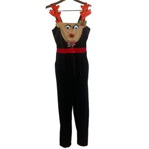 No Boundaries One Piece Reindeer Velour Overalls With Side Pockets